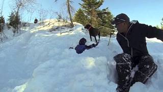 Snow Fun on our sliding hill in Dryden, Ontario. Lake Wabigoon.