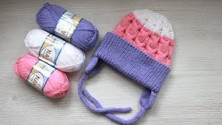 Вяжем детскую шапку с двойными ушками косами. Подробный МК с расчетами на все размеры