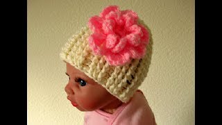 Crochet baby hat beanie 3-6 months with flower tutorial Designed by Happy Crochet Club