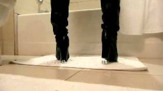 Zara black leather otk high heel boots trampling and crushing #7