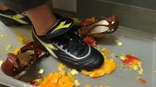 Wife in wedges, soccer cleats, gold jelly heel crushing food on trash shoes