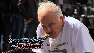 Mighty Atom Jr.: 93-Year-Old Strongman Pulls Car With Teeth - America's Got Talent 2014 (Highlight)