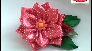 МК цветок в горох Канзаши Цветы из лент DIY Kanzashi Ribbon flowers