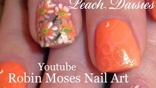 White Daisy Nails | Peach Coral Daisies Nail Art Design Tutorial