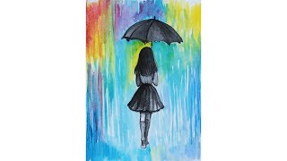 Как нарисовать РАЗНОЦВЕТНЫЙ ДОЖДЬ  и девушку с зонтом | Уроки рисования | Art school