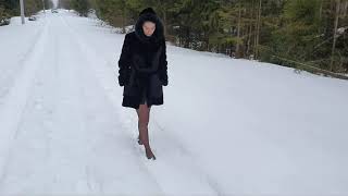 black stockings in snow walk, barefoot in snow, sexy feet in snow, wet pantyhose (scene 174)