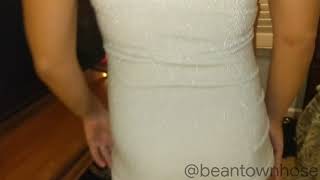 Wife in Cecilia De Rafael Eterno shiny pantyhose, shimmery mini dress and stilleto heels!