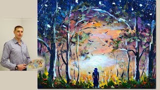 Как рисовать акрилом ВОЛШЕБНЫЙ ЛЕС поэтапно. Уроки рисования для новичков. Валерий Рыбаков