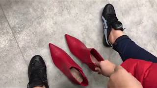 Kate sockless shoe shopping in Asics and Pumas.