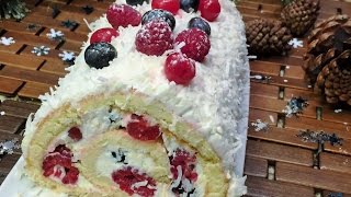 Торт - Рулет    "ЯГОДЫ НА СНЕГУ"