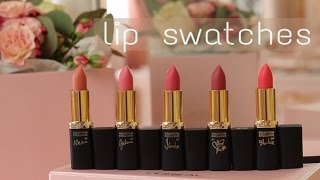Матовые помады Loreal Paris Розовая Симфония. Свотчи на губах: 5 оттенков