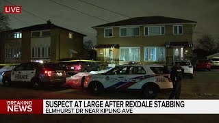 Suspect at large after Rexdale stabbing.