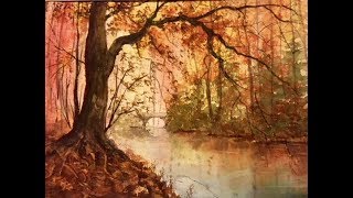 Осень, Ручей. Большое дерево. Акварель& Autumn in watercolour. Trees & stream