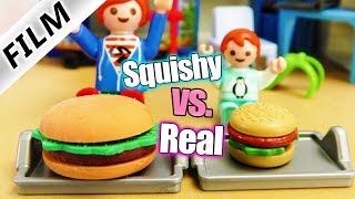 Playmobil Film Deutsch REAL FOOD vs XXL SQUISHY FOOD! EMMA + JULIAN ESSEN CHALLENGE - Familie Vogel
