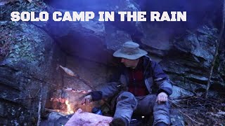 Solo Bushcraft Survival Shelter in Cold November Rain: Seeking Shelter and Cooking over Fire, Rock