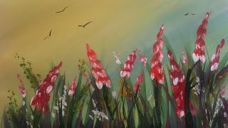 Картина за 3 минуты! Как нарисовать траву и цветы гуашью