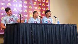 Blake Cashman, Antoine Winfield Jr., and Seth Green after the victory over Fresno State