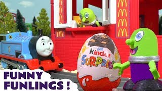 Thomas and Friends Toy Trains visit the funny Funlings McDonalds Drive Thru for a Kinder Egg TT4U