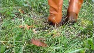 Brown tall leather high heel boots trampling and crushing #78