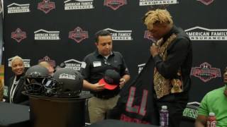 Xavier McKinney: American Family Insurance Selection Tour Jersey Presentation.