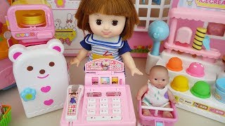 Baby doll mart register surprise eggs and food toys play
