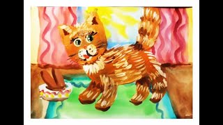 Как нарисовать кошку. Поэтапный рисунок гуашью. Видео урок для детей 5-7 лет.