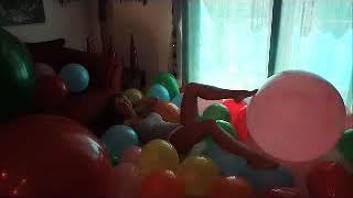 Looner girls popping balloon by foot, Sit to pop latex balloon compilation, foot pop balloons, latex