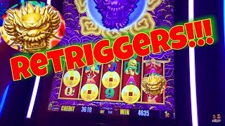 ? BIG WIN? 5 Dragons Gold Slot Machine!! RETRIGGERS!, Mystery Bonus! Aristocrat Slot!