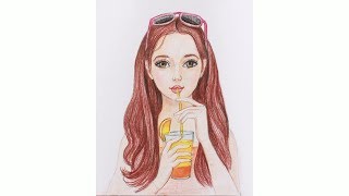 Уроки рисования. Как нарисовать девушку с коктейлем цветными карандашами | Art School