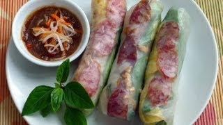 Bò Bía - Summer Rolls with Chinese Sausages, Omelette, Jicama and Dried Shrimps