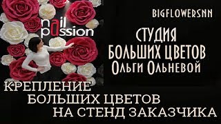 Крепление БОЛЬШИХ ЦВЕТОВ Ольги Ольневой на стенд клиента. Аренда фотозоны в Нижнем Новгороде.