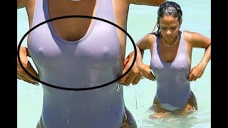 Braless Christina Milian Embarassing N!pple Poke In Wet Swimsuit