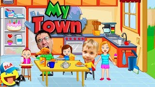 My Town: HOME СЕМЬЯ в Доме Обедают и Смотрят ТВ. Веселый Мультик  как Игра СМЕШНОЕ Видео для детей