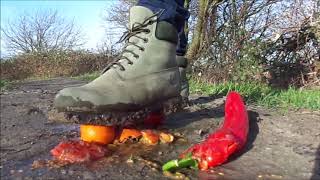 Timberland Boots food crush, stomp and trample Mandarins, Tomatoes and Paprika in mud