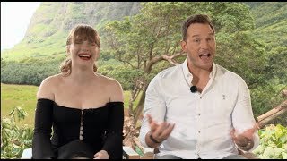 Uncensored JURASSIC WORLD: FALLEN KINGDOM interviews - Pratt, Bryce Dallas Howard, Goldlbum, Bayona