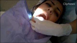 ?Horror Dental drill. Drilling terrible dentist visit. Dentist drill.