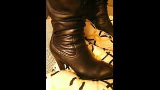Yana black leather otk high heel boots trampling and crushing #21