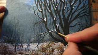 ЗИМНИЙ ПЕЙЗАЖ. ПИШЕМ АКРИЛОМ РЕАЛИСТИЧНЫЙ СНЕГ ЛЕЖАЩИЙ НА ДЕРЕВЕ/WINTER LANDSCAPE ACRYLIC PAINTING