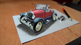 3D Drawing Car - How to Draw 3D Ford Car - Trick Art on Paper