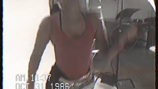 80's Workout Girl in Black Lycra Tights and Red Leotard.