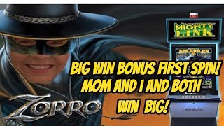 BIG WIN! FIRST SPIN BONUS ON ZORRO SLOT MACHINE-POKIES