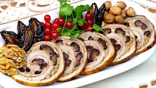 Холодная закуска и горячее блюдо на праздничный стол! Рулет из свинины с черносливом и орехами!