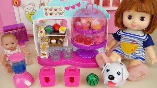 Baby doll food cafe and surprise toys with pet dog play