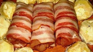 Куриный рулет с сыром в беконе