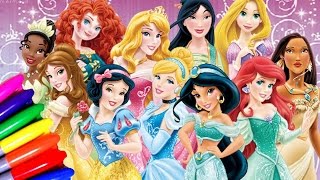 DISNEY PRINCESS Ariel,Cinderella,Belle,Snow white,Jasmine,Frozen and Beauty Coloring Page