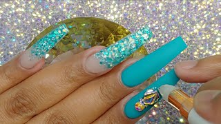 Turquoise Acrylic Nail Design/ Glitter fade/ Long Nails