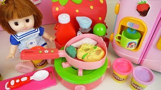 Baby doll Kitchen and play doh with color food cooking toys play