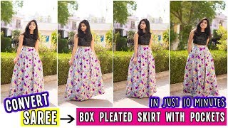 Convert Old Saree Into Box Pleated Skirt With Pockets| In just 10 minutes