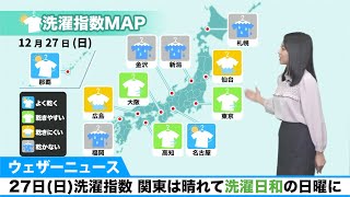 27日(日)洗濯指数 関東は晴れて洗濯日和の日曜に