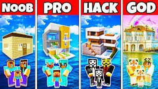 Minecraft: FAMILY BEACH HOUSE ON WATER BUILD CHALLENGE - NOOB vs PRO vs HACKER vs GOD in Minecraft
